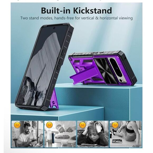 FNTCASE Google Pixel 8-Pro Purple Black Case Military Grade Drop Proof Kickstand - Picture 3 of 6